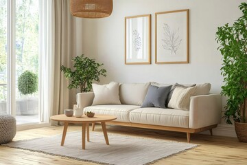 Obraz premium Modern living room interior with sofa, plants, and natural light illuminating cozy scandinavian design