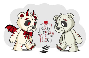 Don't cross a line. Two sad Teddy Bears walking towards each other. Emo illustration for teenagers with the evil and sad soft toys. 