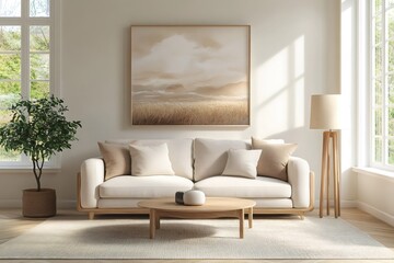 Modern minimalist interior design with sofa, coffee table, and artwork