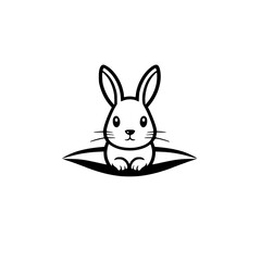 Cute Rabbit. Cartoon Style of a bunny sitting on a leaf-like shape, in a minimalist monochrome style.