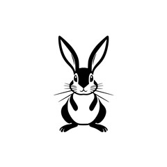 A bold black and white drawing of a bunny, front on, centered, against a pure white backdrop, with a minimalist aesthetic, and a focus on geometric shapes and lines.