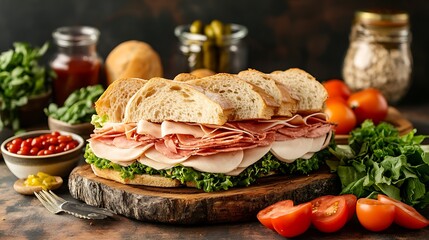 Delicious Cold Cut Sandwich on Rustic Board with Fresh Ingredients