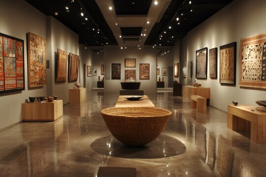 Modern gallery displaying a variety of cultural art pieces