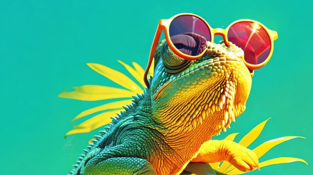 Cool Iguana with Sunglasses, Relaxing Lizard on a Branch, Tropical Funny Animal