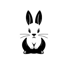 Minimalist bunny illustration, black and white, showcasing a smiling, stylized rabbit against a blank white background.