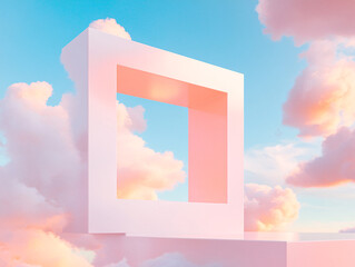 a pink, abstract architectural structure surrounded by fluffy, pastel-colored clouds against a blue sky. The building has geometric shapes and open spaces