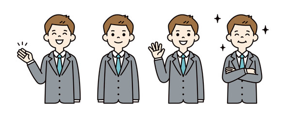 ポジティブなイメージの、若いビジネスマンのベクターイラスト素材セット＿線幅の編集可能＿カラー