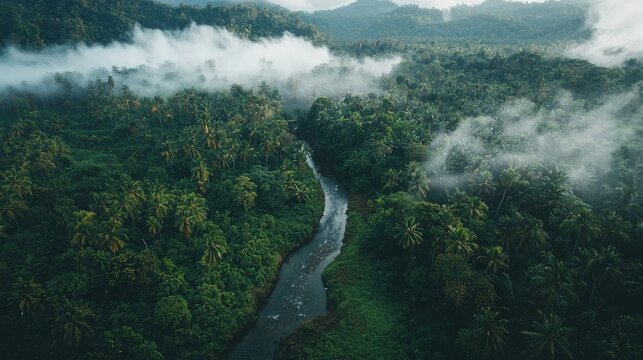 An overhead shot of a forest with a high density of trees and a river that snakes through the terrain