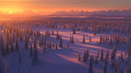 Sunset over a snow covered pine forest and mountain range
