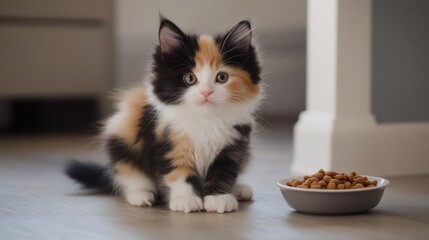Adorable tricolor kitten sitting near its food bowl on a wooden floor.