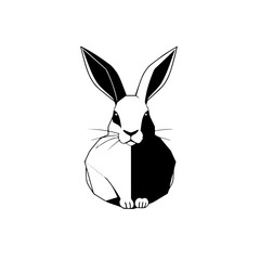 Black-and-white geometric rabbit, symmetrical illustration against a white backdrop.