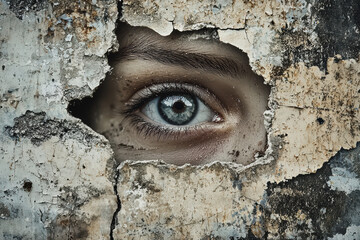 Eye peering through a cracked wall highlights human resilience and the quest for connection in challenging environments