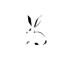 Minimalist black and white illustration of a rabbit with strong lines and a minimalist style.