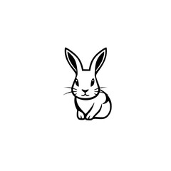 Minimalist depiction of a sitting rabbit, black line art on a white backdrop, clean and elegant.