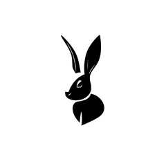 "Black Rabbit Silhouette on White Background. A minimalist, simple, black and white illustration of a rabbit. The background is white."