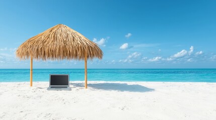 Career profession balance. A serene beach scene featuring a straw hut, a laptop, and clear turquoise waters under a bright blue sky.