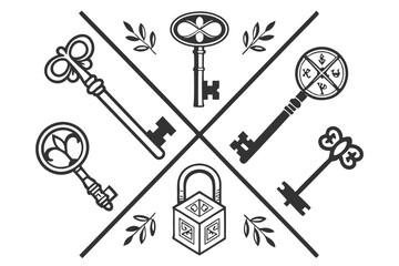  Black and white illustration, key icons, vintage keys, modern keys, skeleton keys, key bunches, simple line drawings, silhouettes, security symbols, access metaphors, locksmith designs, minimalist 