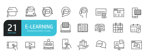 Set of line icons related to e-learning, education, online school, course. Outline icons collection. Vector illustration.