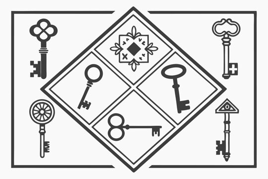  Black and white illustration, key icons, vintage keys, modern keys, skeleton keys, key bunches, simple line drawings, silhouettes, security symbols, access metaphors, locksmith designs, minimalist 