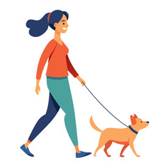 A woman walks through a lively park with her adorable dog on a leash. They both appear joyful, enjoying the outdoor air and sunshine together while making their way along the path