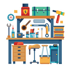 A well-organized workshop workbench displays an array of repair tools and equipment. Various tools, containers, and a clock indicate readiness for DIY projects and maintenance activities