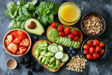 Healthy breakfast with avocado toast, granola, berries and orange juice