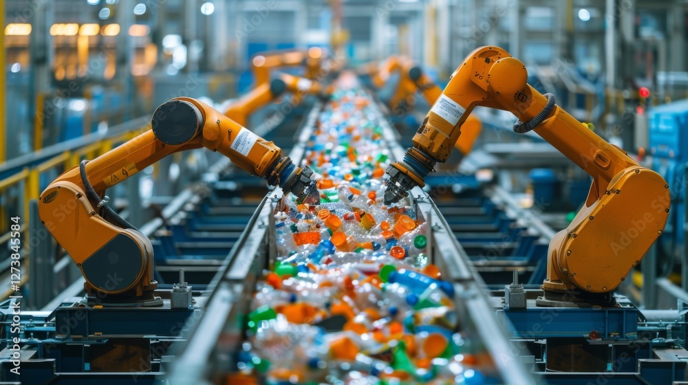 Poster Advanced robotic arms efficiently sort plastic bottles on a conveyor belt in a recycling facility, showcasing modern technology working for environmental sustainability.