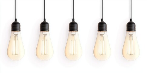 Retro-style Edison light bulbs with illuminated filaments hang in a line on a neutral isolated background