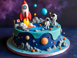 Space-themed birthday cake with fondant astronauts, rocket ship, planets and edible rocks, intergalactic design in deep blues and purples
