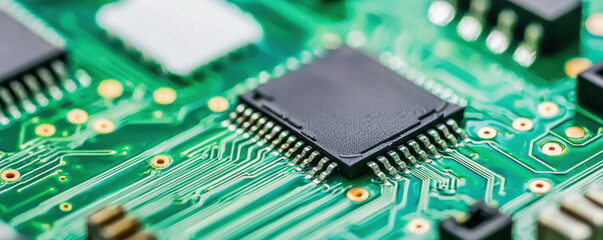 Close up of microchip on green circuit board