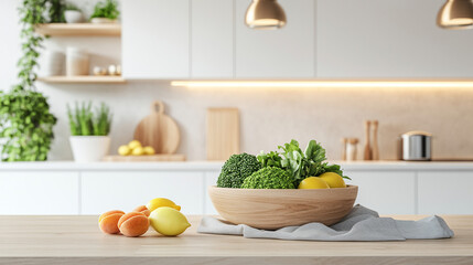 Sun-Drenched Kitchen Still Life, Fresh Fruits and Greens in a Minimalist Setting