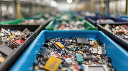 Electronic waste bins filled with various components