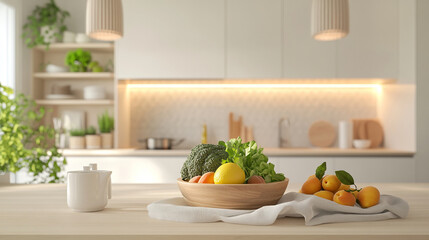 Aesthetic kitchen setting, Fresh produce bowl, apricots on linen against a serene backdrop