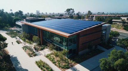 Modern building with solar panels on roof, aerial view.