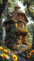 Fototapeta premium A beautiful countryside with country houses, bees, and hives
