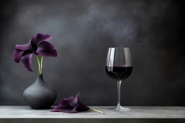 Elegant wine glass with smoky background purple lilies