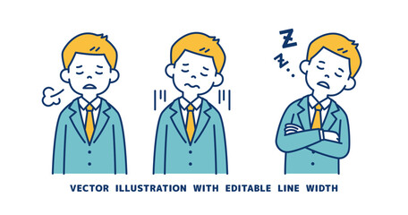 ネガティブなイメージの、若いビジネスマンのベクターイラスト素材セット＿線幅の編集可能