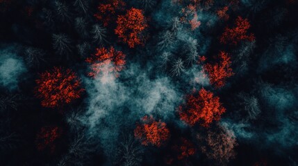 Fototapeta premium Aerial View Of Red And White Trees In Foggy Forest