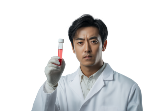 serious Asian scientist in lab coat holding test tube and looking focused isolated on white background