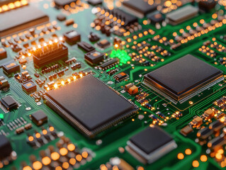 Close up of green circuit board with glowing components