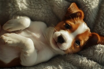Adorable puppy relaxing on soft blanket, exhibiting playful paws and innocent gaze