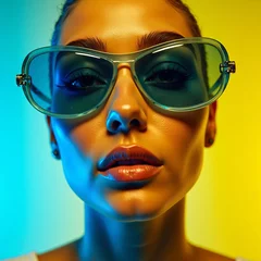 Fashionable Woman in Oversized Blue Sunglasses & Yellow Jacket – Modern, Bold, High-Fashion Look with Vibrant Colors, Red Lipstick, and Turquoise Background – Trendy, Elegant, and Confident Aesthetic © Jelly