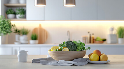 Healthy eating on display in bright modern kitchen shows natural beauty and freshness