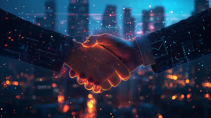 Close up of hands shaking over a glowing digital contract symbolizing business partnership technology driven agreements blockchain fintech and futuristic corporate collaboration in a cyber world