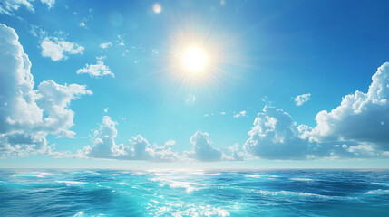 Radiant sunbeams illuminate tranquil turquoise sea under ethereal clouds horizon landscape