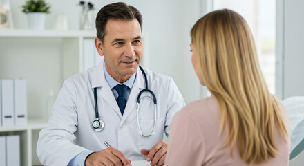 Friendly Male Doctor Listening Attentively to a Female Patient During a Medical Consultation