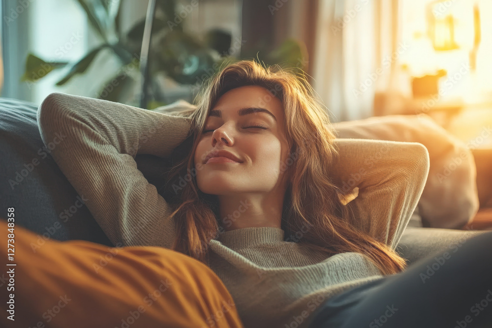 Sticker Young woman comfortably lying on the sofa in the living room