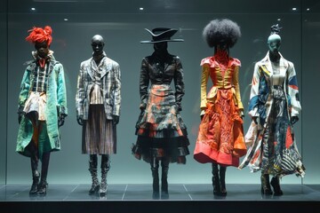 Diverse mannequins displaying avant garde fashion designs