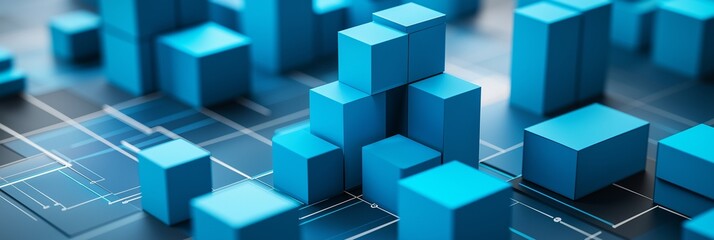 A business strategy presentation with stacked blue blocks and financial projections.