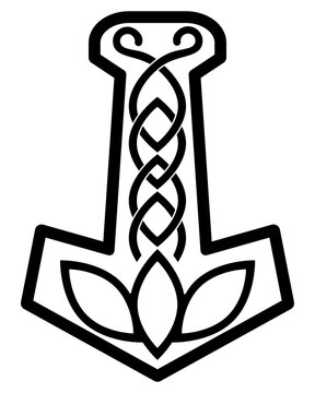 Thor's hammer, Mjolnir with scandinavian ornament, scandinavian amulet - vector silhouette image for stencil. Hammer of god thor for laser cutting